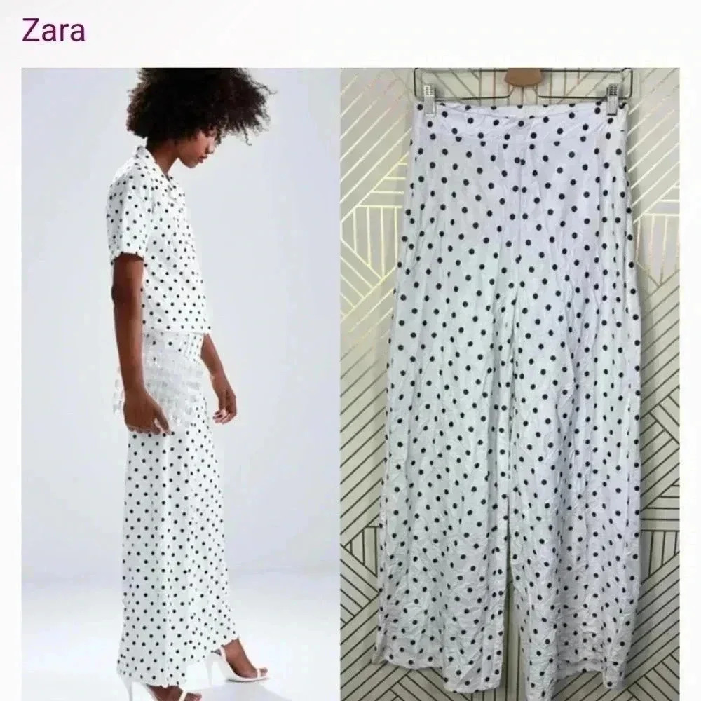 NWT Zara Polka Dot High Waist Wide-Leg Trouser Pants White Black Size US small